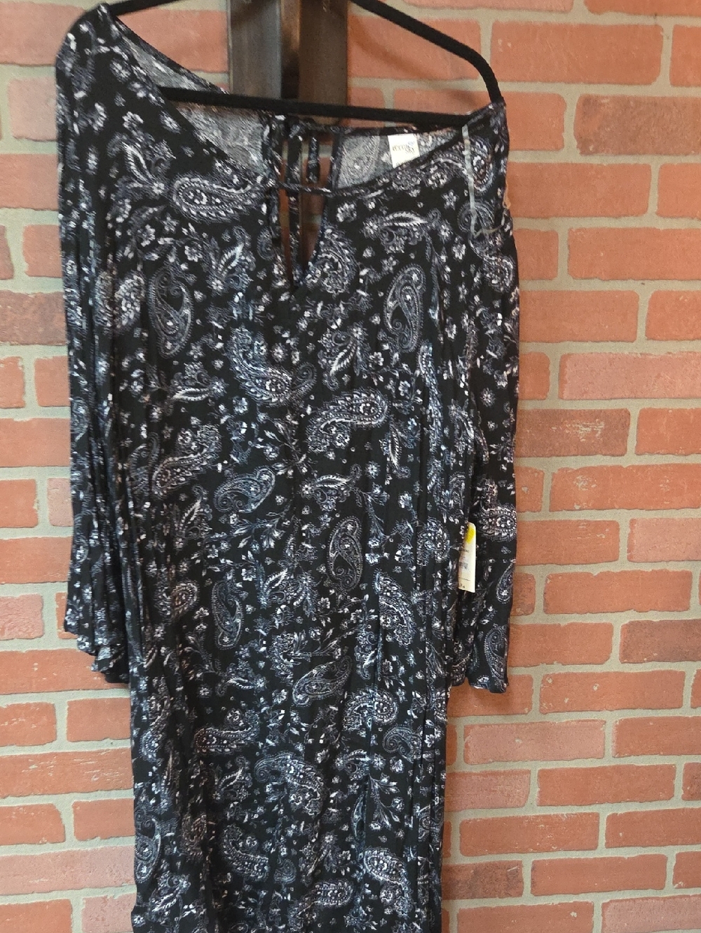 Terra & Sky Black Paisley Print Dress Flare Sleeve 2x